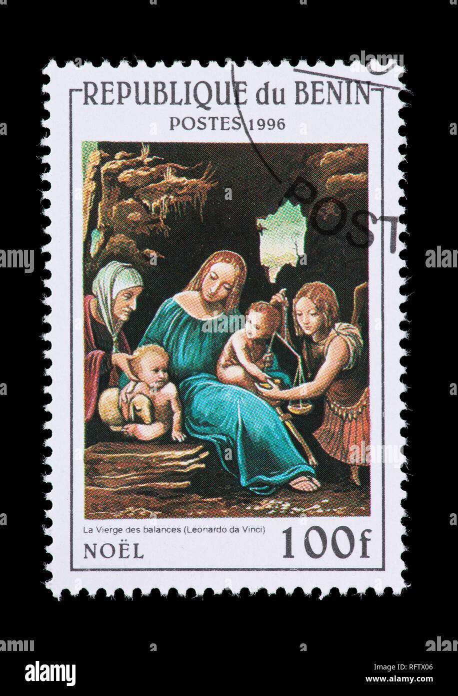 Briefmarken aus Benin, die Leonardo da Vinci Gemälde der Jungfrau von Salden, Stockfoto