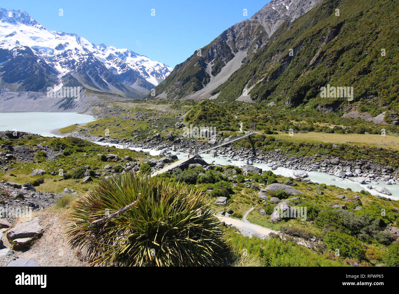 Das Hooker Valley Track, Südinsel, Neuseeland. Das Hooker Valley Track ist die populärste kurze Wanderweg im Aoraki/Mount Cook N. P. Stockfoto