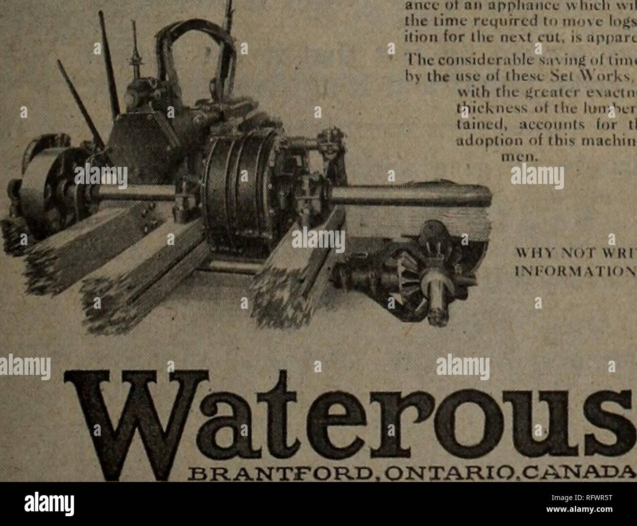 . Kanadische Forstindustrie Juli-Dezember 1923. Holzschlag; Wälder und Forstwirtschaft; Wald; Wald - zellstoffindustrie; Holz verarbeitenden Industrien. Waterous Engine Works Co. Brantford, Kanada ein waterous Werbung in "Kanada" Lumberman in Dampf 1881 Lassen Sie Ihre Einstellung der härteste Mitarbeiter in der ordinari Sägewerk arbeitete ist der Trendsetter. Die Handhabung von großen Protokolle verlangt große Muskelkraft auf seinem Teil, während seiner Arbeit an den kleineren Protokolle u fast ebenso aufwändig, wie er durch eine viel größere Anzahl von Ihnen. Evcrj Schnitt macht notwendig, eine neue Anpassung des Protokolls, die in Stockfoto