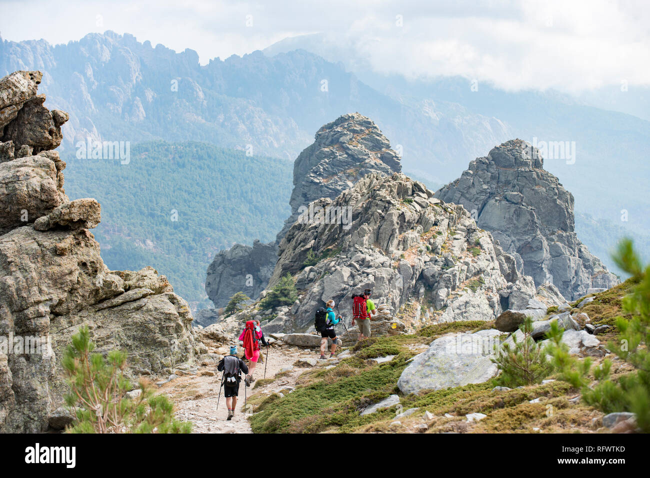Trekking auf dem GR20 in Korsika in der Nähe der Aiguilles de Bavella wandern in Richtung Zuflucht d'Asinao, Korsika, Frankreich, Mittelmeer, Europa Stockfoto