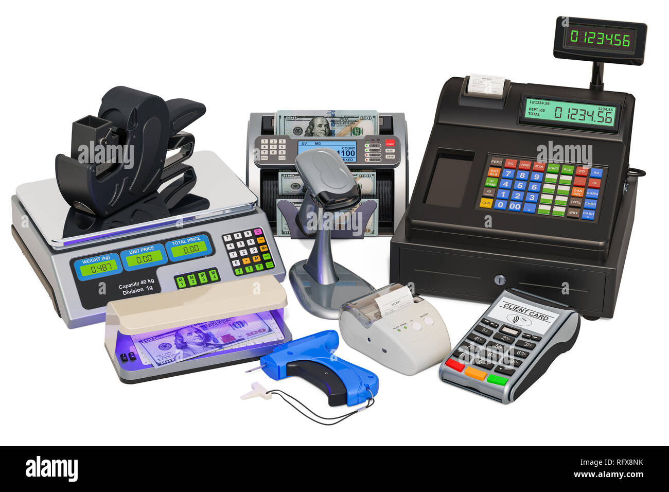 POS-Geräte. Kasse, Drucker, Barcodeleser, POS-Terminal, Geld zählen, Preis label Gun, tag Gewehr und Detektor Banknoten. Stockfoto
