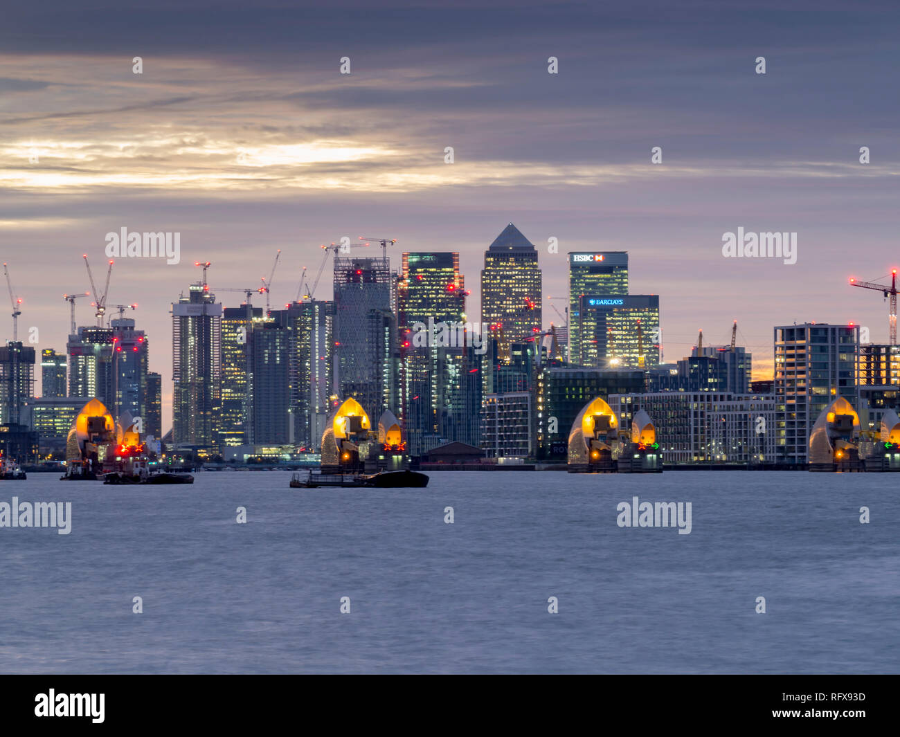 Europa, Großbritannien, England, London, Canary Wharf Sonnenuntergang Woolwich Stockfoto