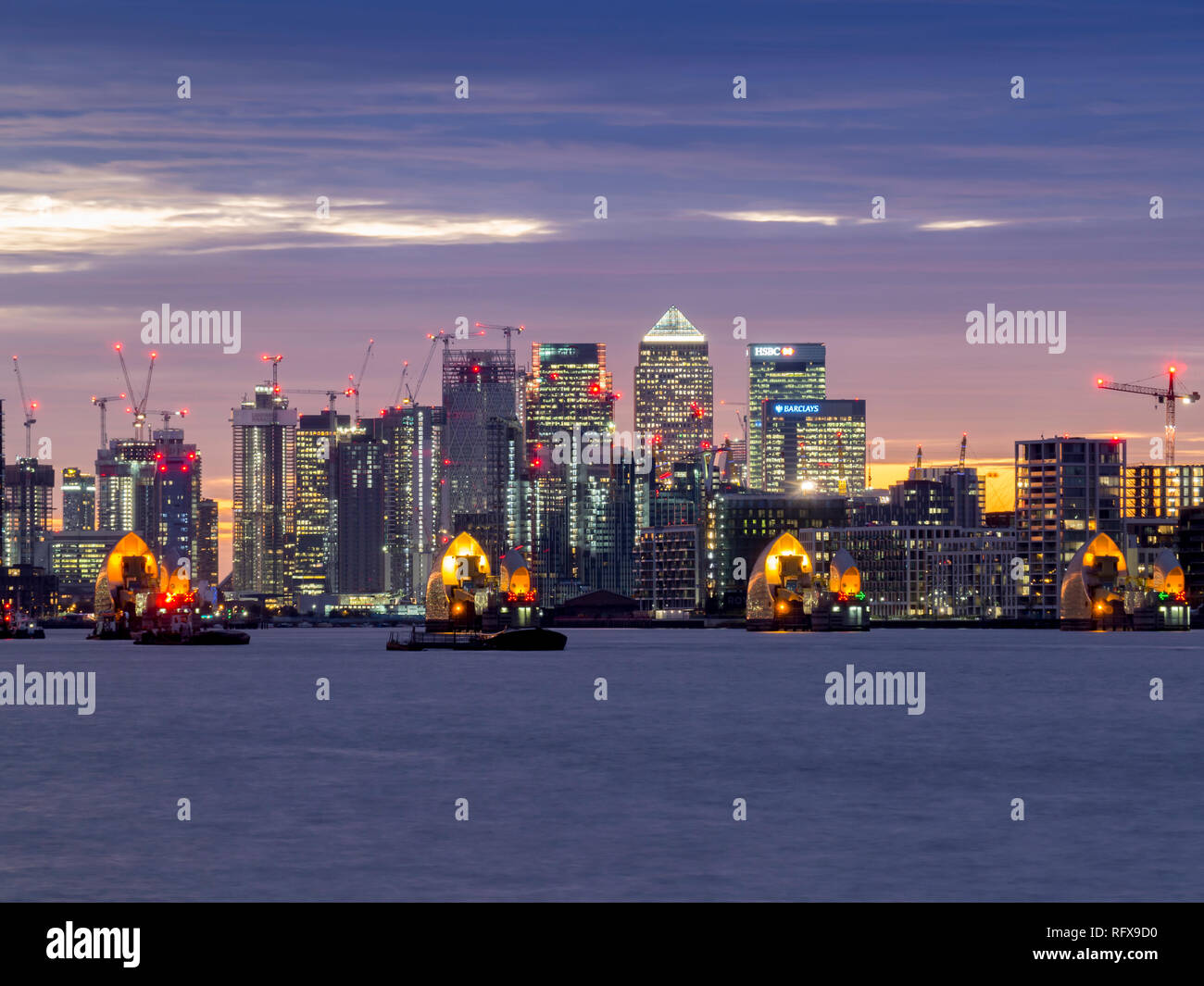 Europa, Großbritannien, England, London, Canary Wharf Sonnenuntergang Woolwich Stockfoto