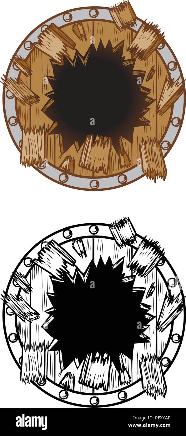 Vektor cartoon Clipart Illustration einer Bohrung in einem Holz Schild brechen oder explodierende in Stücke und Splitter. Ideal als anpassbare backgroun Stock Vektor