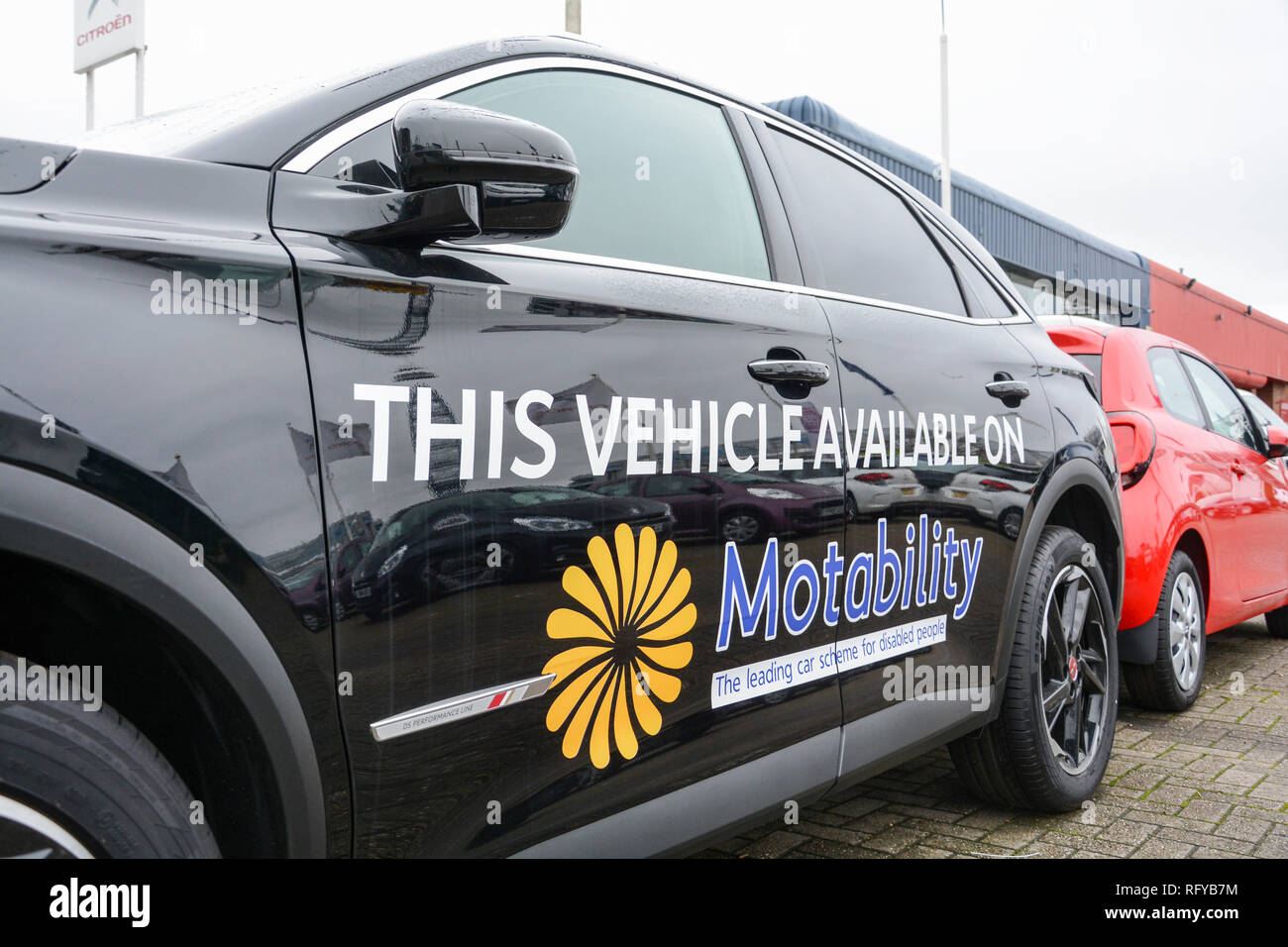 Motability - eine nationale Wohltätigkeitsorganisation mit dem Ziel, das Leben behinderter Menschen mit Transportlösungen zu verbessern Stockfoto