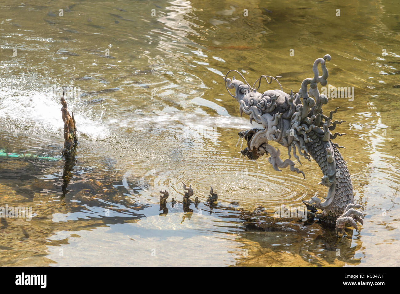 Nahaufnahme des Naka oder Schlange Statue waren Wasser besprüht. Stockfoto