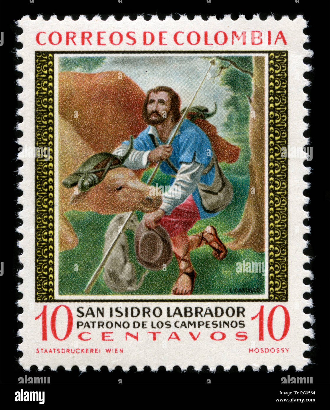 Briefmarke aus Kolumbien im Saint Isidore Labrador Serie 1960 ausgestellt Stockfoto
