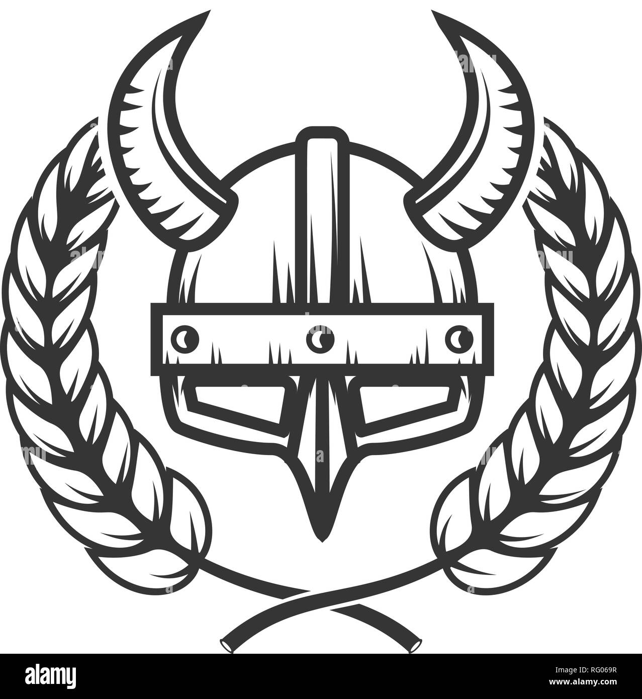 Emblem Vorlage mit gehörnten Helm und Kranz. Design Element für Logo, Label, Emblem, sign. Vector Illustration Stock Vektor