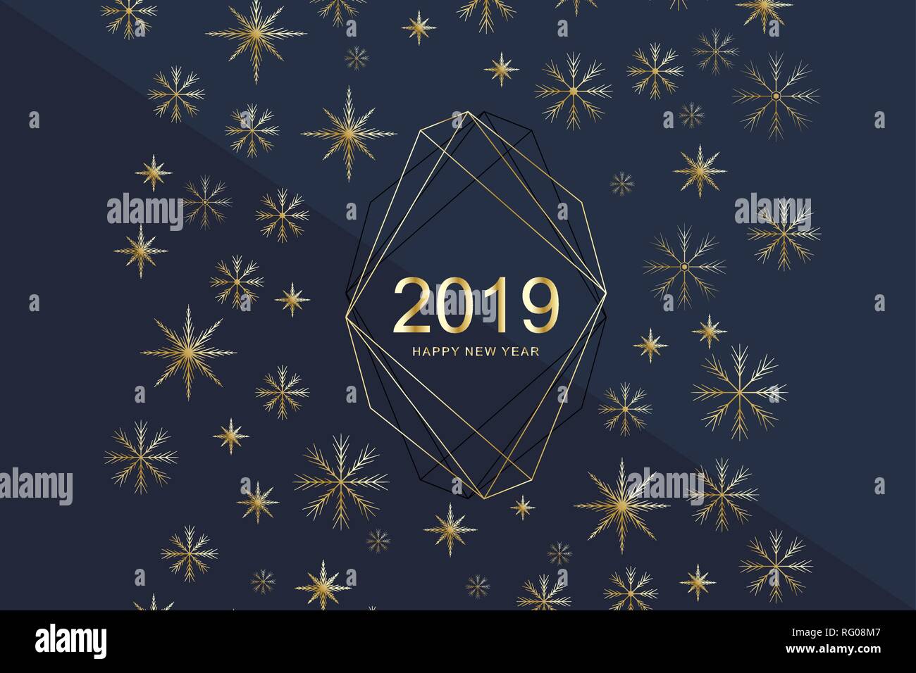 Frohe Weihnachten und ein glückliches Neues Jahr 2019 Grußkarten mit goldenen Schneeflocken. Frohes neues Jahr 2019. Urlaub Grußkarte vektor Vorlage für Poster Stock Vektor