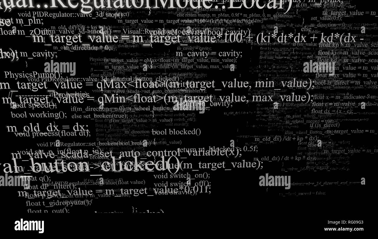 Software Source Code. Schichten von Programmcode auf schwarzem Hintergrund Stockfoto