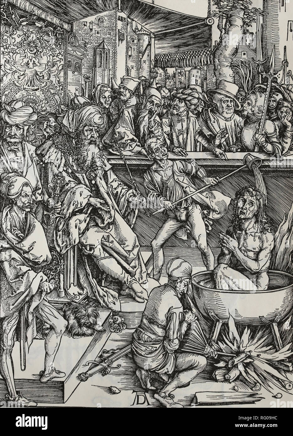 St. Johannes Evangelist gefoltert in einem Bottich mit kochendem Öl. Apokalypse. Holzschnitt von Albrecht Dürer. 1498. Stockfoto St. Johannes Evangelist gefoltert in einem Bottich mit kochendem Öl. Apokalypse. Holzschnitt von Albrecht Dürer. 1498. Stockfoto