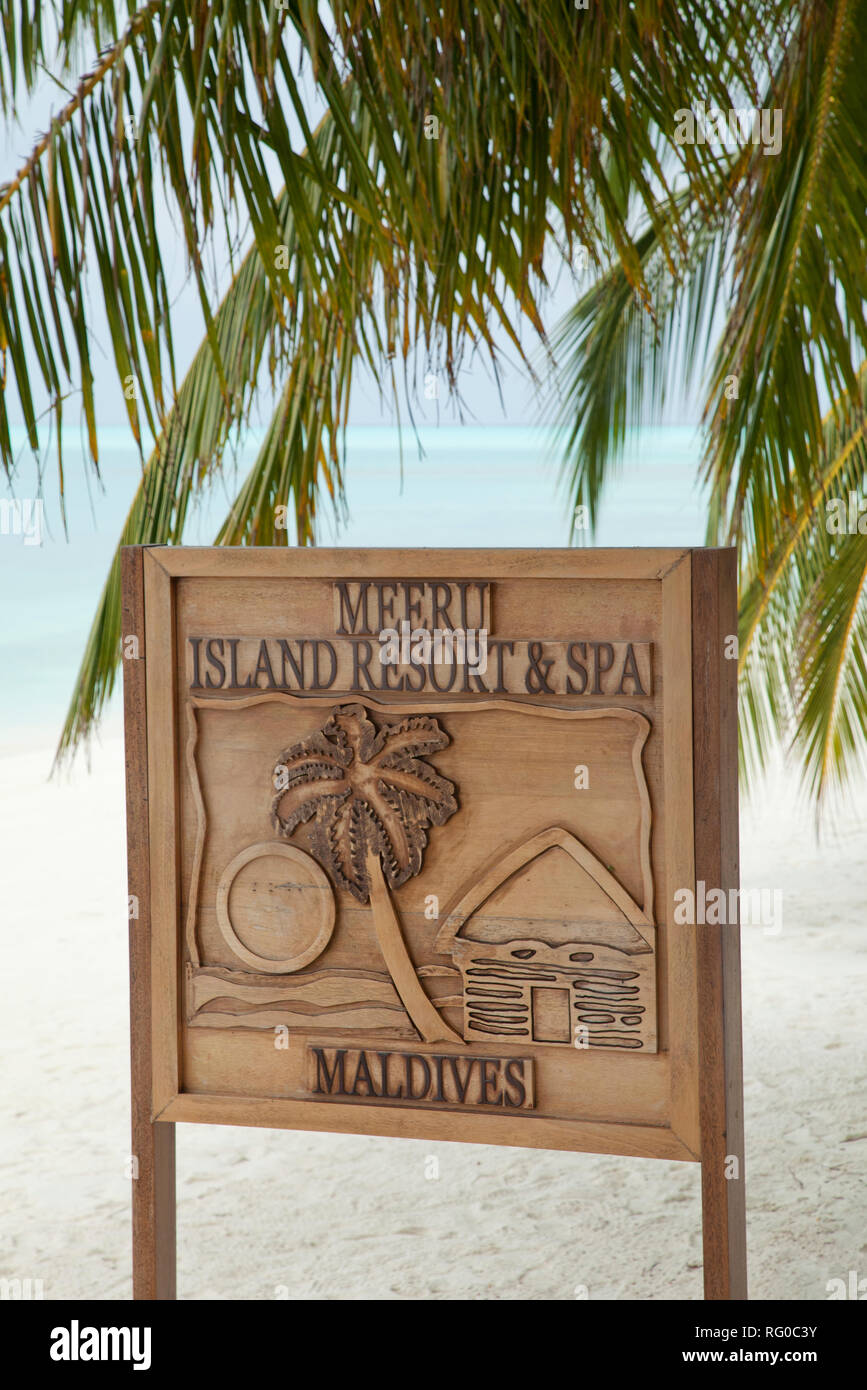 Schild, Meeru Island Resort, Malediven, Indischer Ozean, Asien Willkommen Stockfoto