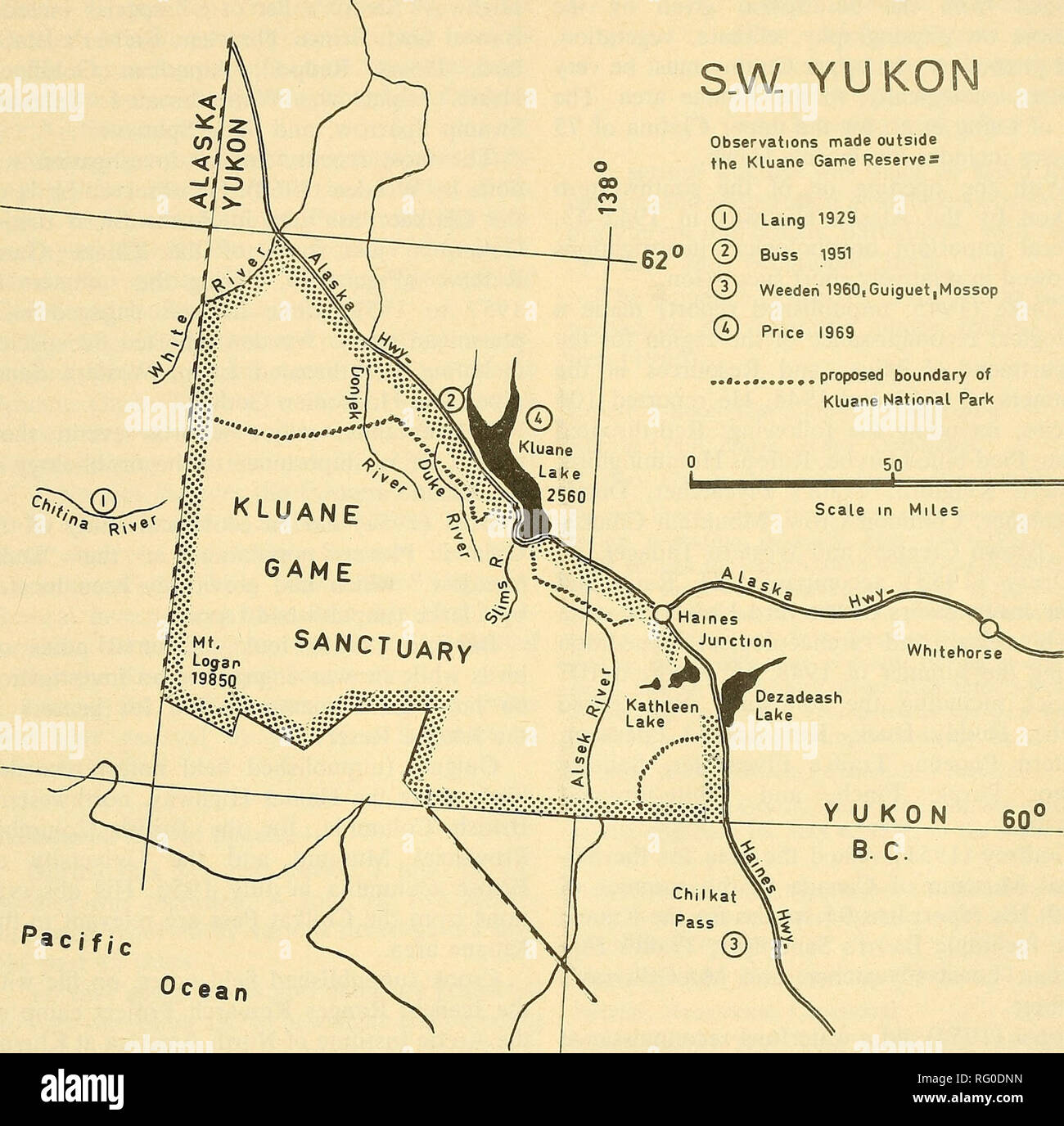 . Die kanadische Feld - naturforscher. 1973 HoEFs: Vögel des Kluane Game Sanctuary 347 S.W YUKO o Beobachtungen außerhalb des Kluane Game Reserves 00 (T) Laing 192 S-62° (2) Bus 1951 Q3) Weedeh 1960 iGuiguet, Funk®-Preis 1969 Grenze des Kluane National Park vorgeschlagen. 100 Pazifischer Ozean Abbildung 2. Kluane Game Sanctuary und angrenzenden Bereichen. British Columbia und Yukon. Unveröffentlichte Bericht, der sich auf die Datei mit der Canadian Wildlife Service). Drury (1953) Papier ist besonders interessant in diesem Zusammenhang, da er bezieht sich Vogel Verteilung an Vegetationsdecke. Vorherige ornithologische Arbeit Stockfoto