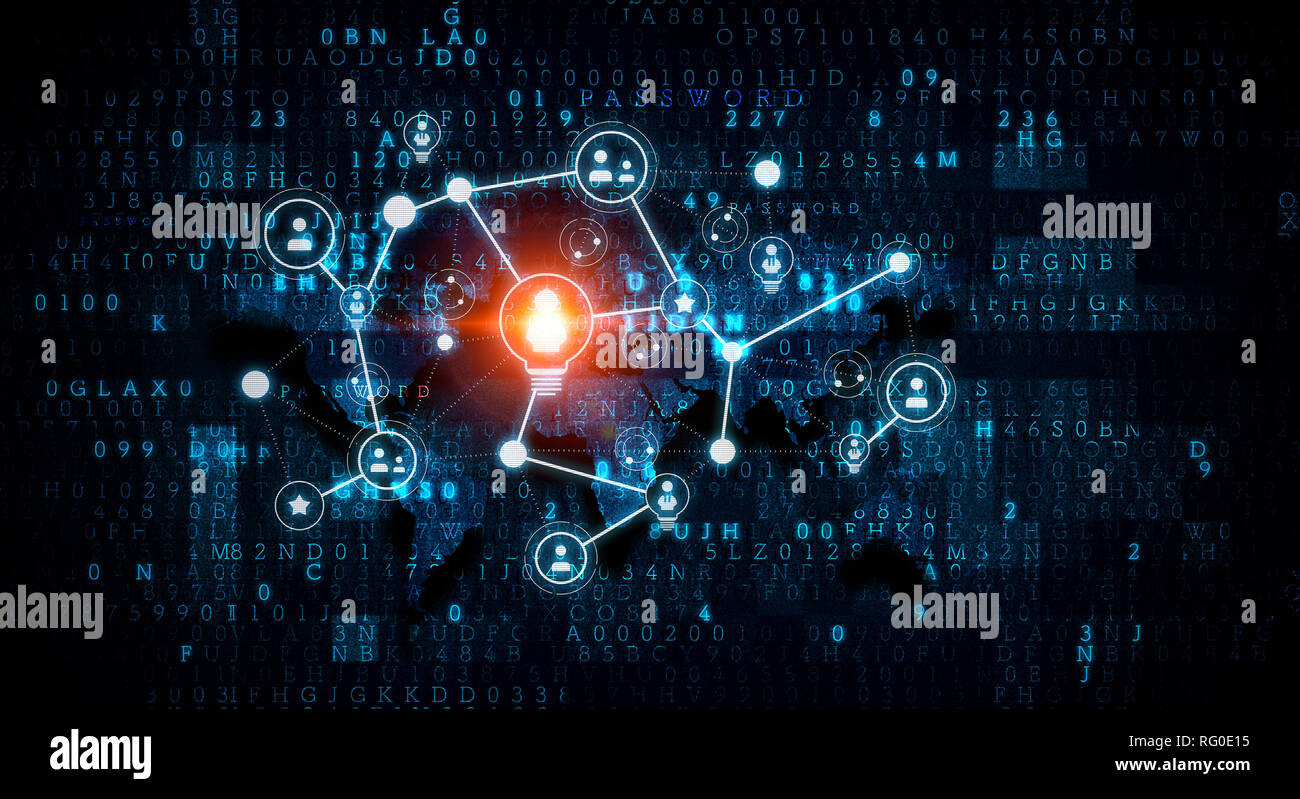 Konzept der sozialen Verbindung mit Net auf dunklem Hintergrund. 3D-Rendering Stockfoto