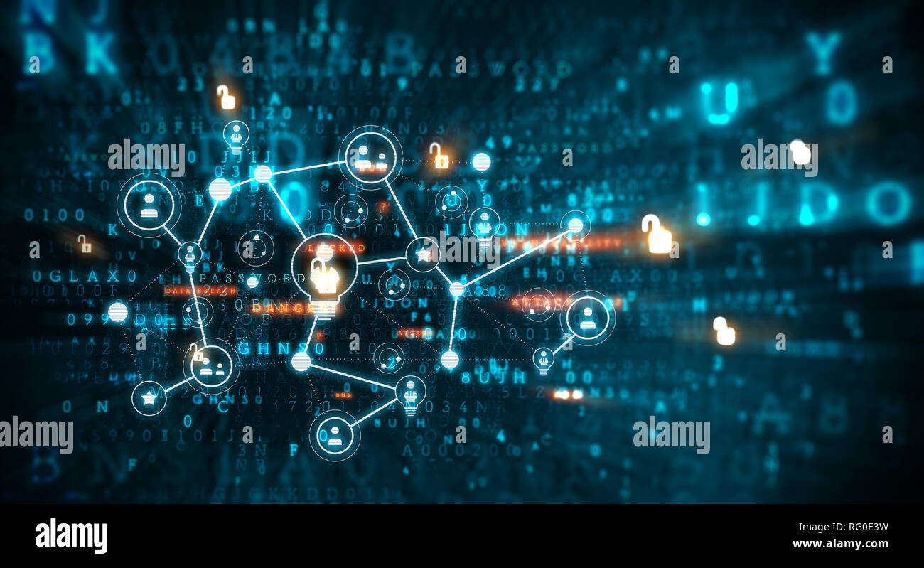 Konzept der sozialen Verbindung mit Net auf dunklem Hintergrund. 3D-Rendering Stockfoto