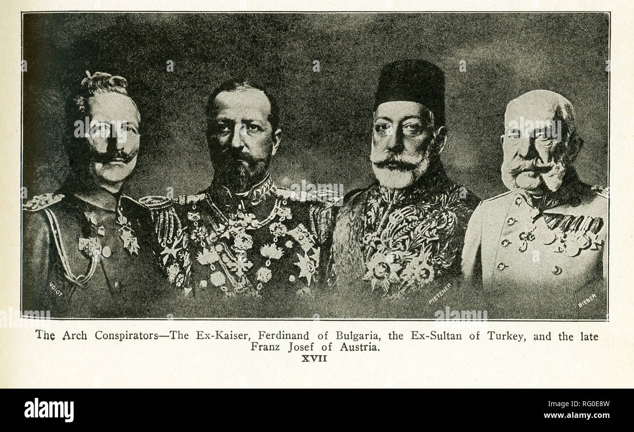 Die vier Führer auf diesem Foto, von links nach rechts: ex-kaiser Wilhelm II., Ferdinand von Bulgarien, Ex-Sultan der Türkei Links, und der späte Franz Josef von Österreich. Stockfoto