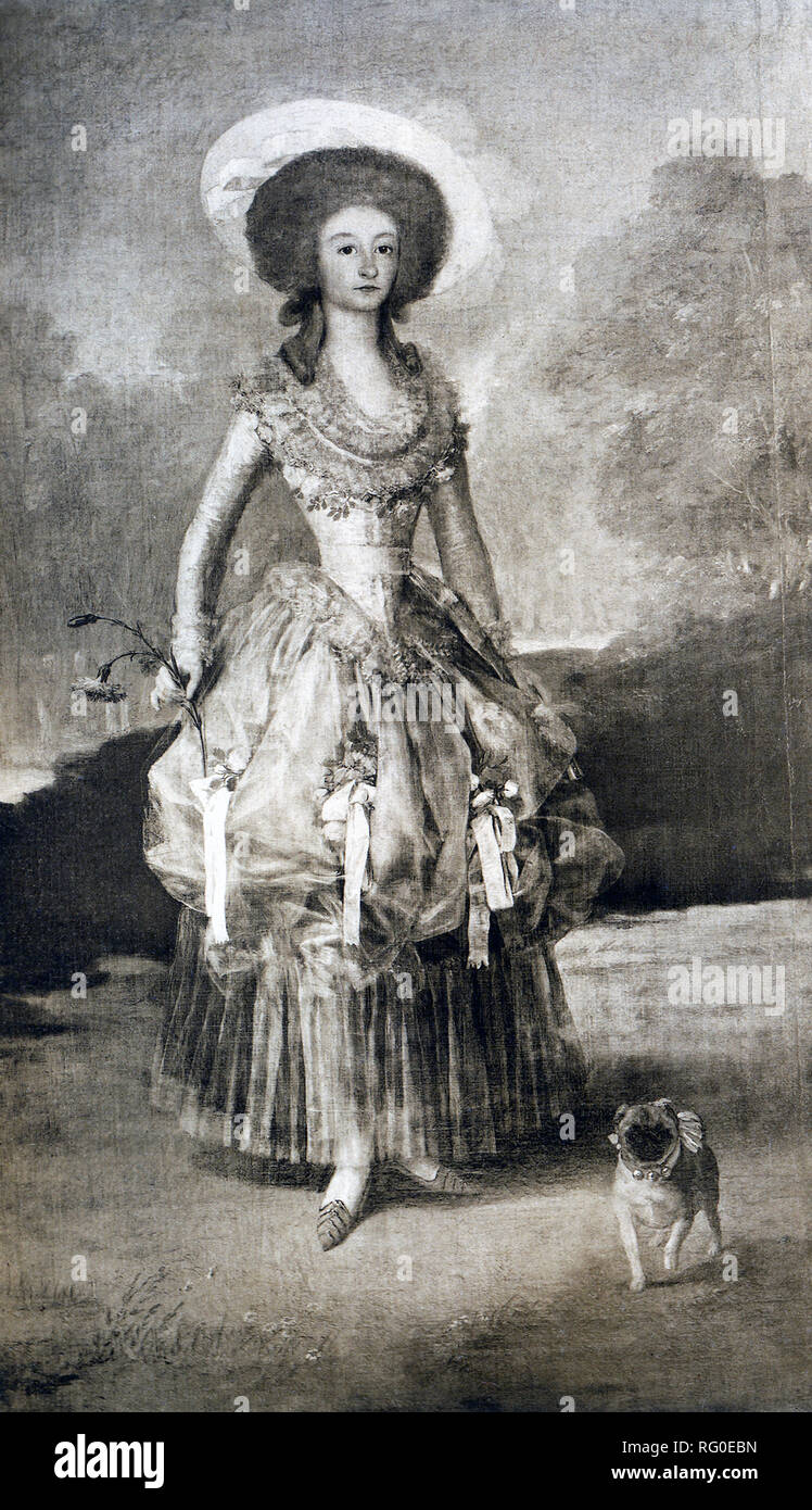 Wichtige spanische Künstler der Zeit, er wird als einer der letzten der Alten Meister und einer der ersten der Moderne geehrt. Seine frühen Gemälde waren optimistisch und Jolly, als die Jahre vergingen, seine Werke sehr pessimistisch geworden. Eine hoch angesehene Portrait Maler, Goya hat das Bildnis der Marquesa de Pontejos y Sandoval in 1786. Sie war 24 zu der Zeit, und die Frau des Prime Minister Carlos III. Mit ihr ist ihr Mops Hund. Die rosa carnaiton in ihrer Hand war zu der Zeit ein Symbol der Liebe und der oft dargestellt in den Händen einer Braut. Stockfoto