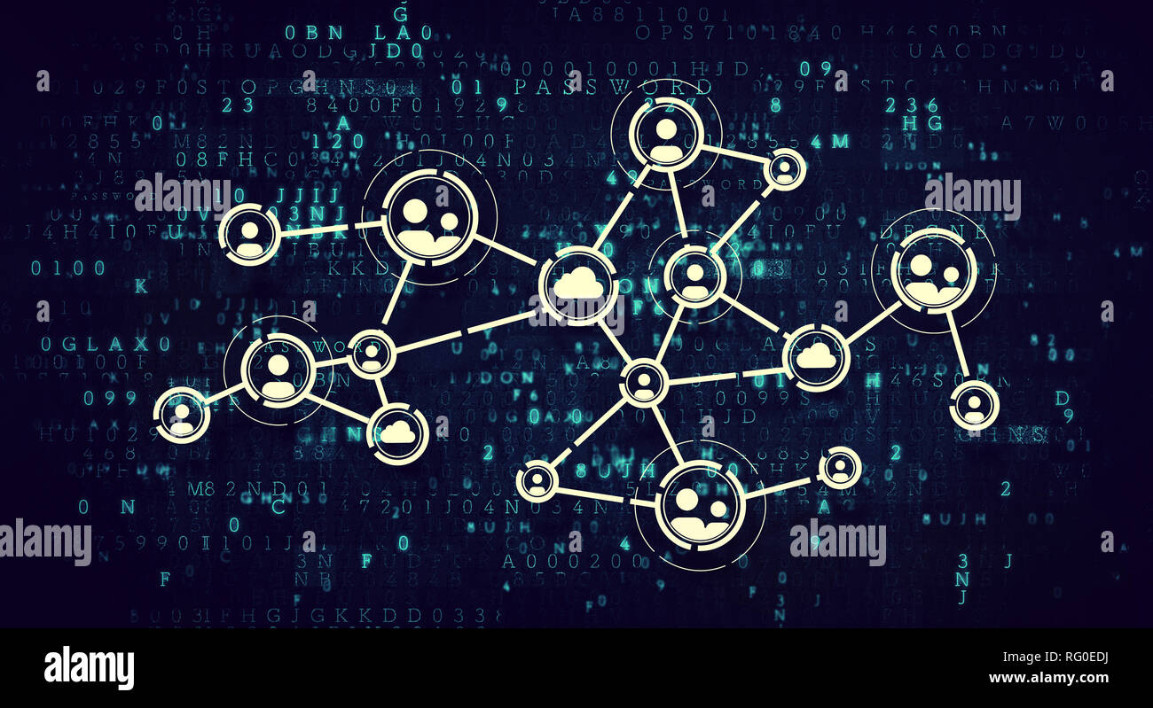 Konzept der sozialen Verbindung mit Net auf dunklem Hintergrund. 3D-Rendering Stockfoto