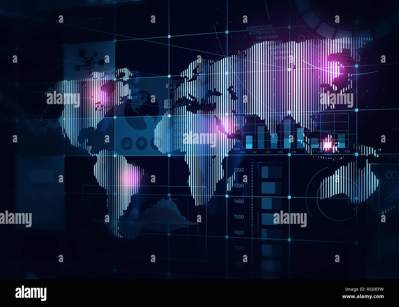 Medien Bedienfeld mit Schnittstelle und digitalen Welt Karte Stockfoto