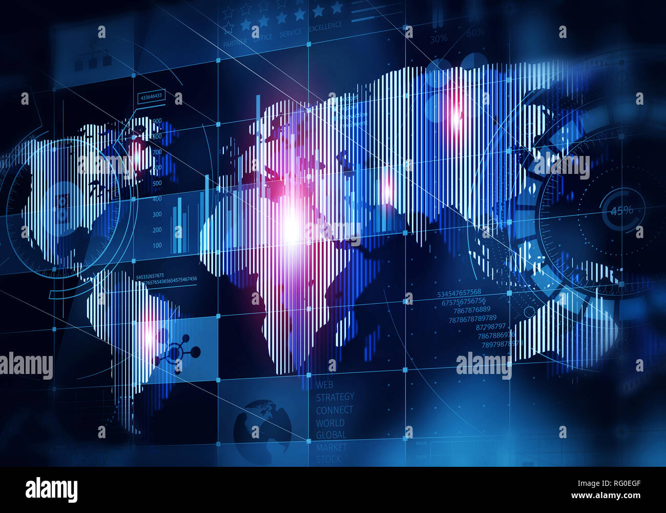 Medien Bedienfeld mit Schnittstelle und digitalen Welt Karte Stockfoto