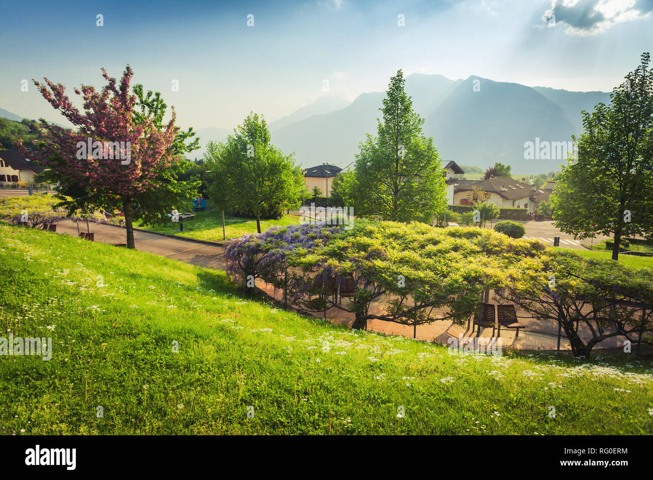 Wunderschönen italienischen Garten blühen im Frühling mit Alpen im Hintergrund in Trient, öffentlich zugängliche ohne Gebühr Stockfoto