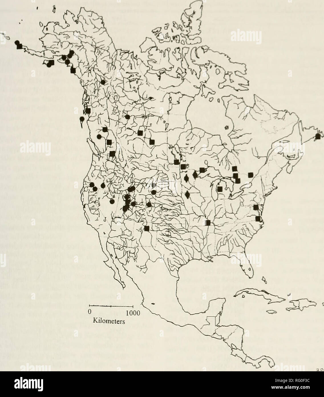 . Die kanadische Feld - naturforscher. Natural History; Baron. 2006 Hovingh: Hai Moris iaii komaculata im Norden von Ami-rica445. 0 1000 KiJometers Abbildung 1. Die Verteilung der Haemopis lareirmiaciilata in Nordamerika. Die Positionen werden durch (a) Plätze, Museum Proben (NMNH gezeigt. CMN); b) Kreise, westlichen Nordamerika übersicht Aufstellungsorte (preliminan. Ergebnisse) und Identifikationen von Wyoming Wasserqualität Studien: Und (O Diamanten, Mathers (1963) Standorten. Drainage); Oregon: von PH-Sammlung in der Klamath River Drainage und das Große Becken: Wyoming: von PH-Sammlung in der Snake River dra Stockfoto