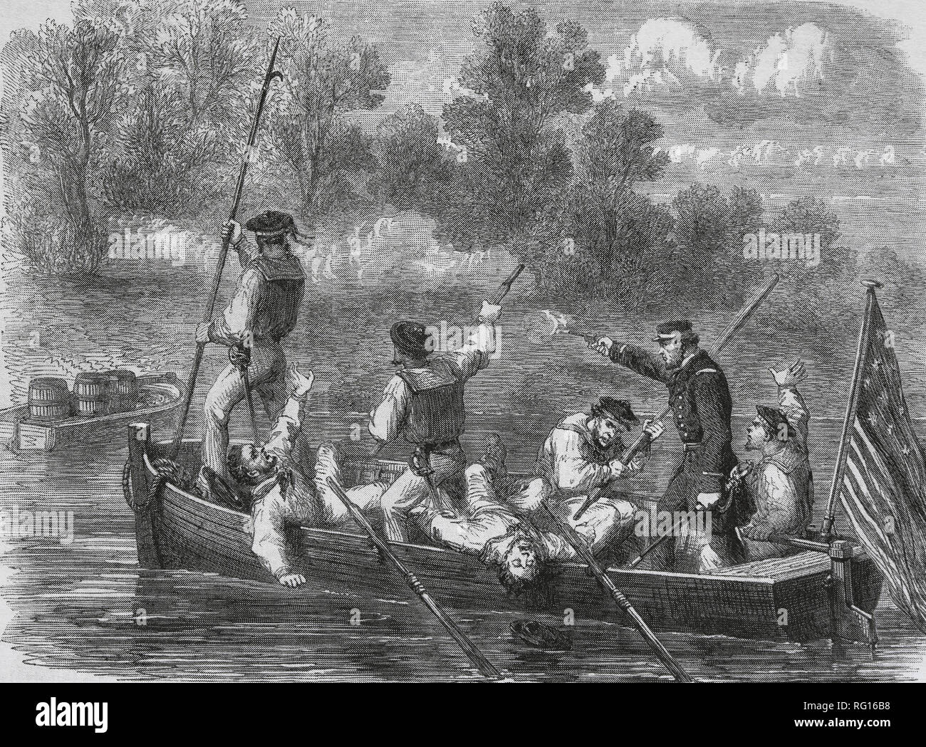 Amerikanischer Bürgerkrieg (1861-85). Eine Falle, die von Eidgenossen. Kapitän der Union Armee und Crew auf einem kleinen Boot. Kupferstich von Fr. Vizetelly. Stockfoto