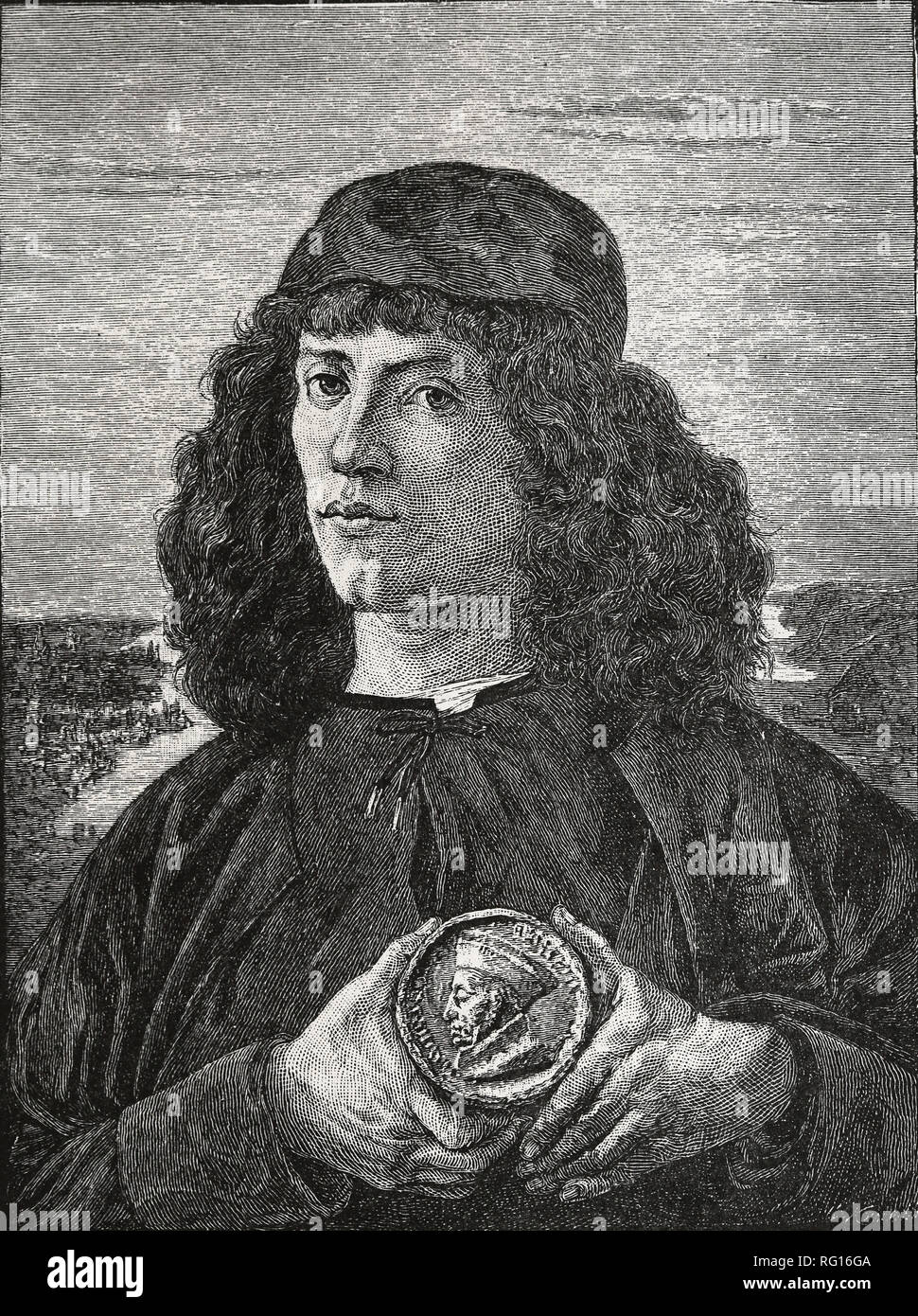 Porträt eines Mannes mit einer Medaille von Cosimo den Älteren, aus dem 16. Jahrhundert. Malerei von Sandro Botticelli. Kopie einer Gravur. Stockfoto