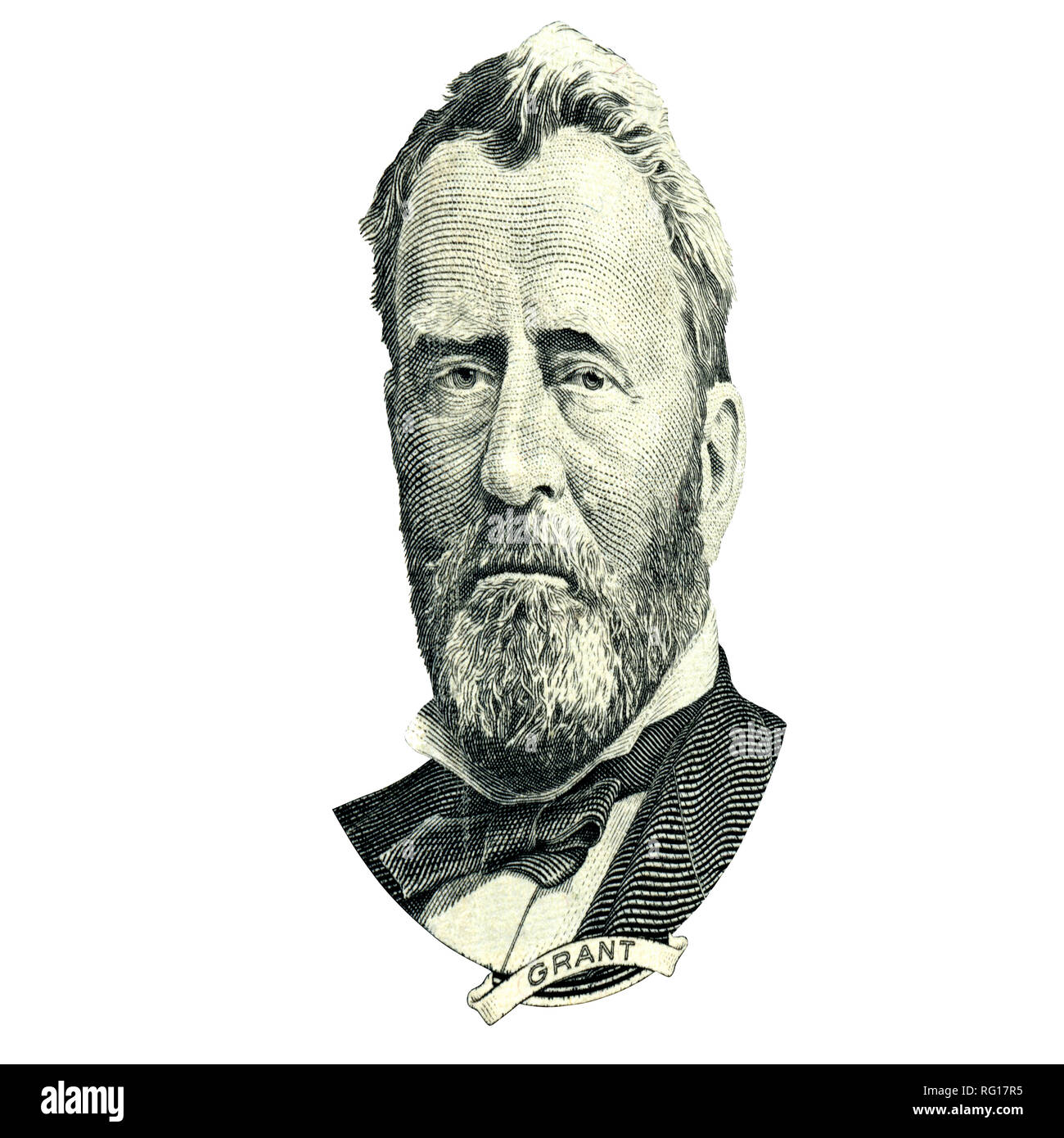 Portrait von US-Staatsmann, Erfinder, und Diplomat Ulysses S. Grant, wie er schaut auf fünfzig Dollar bill Vorderseite. Foto in einem Winkel von 15 Grad. Stockfoto