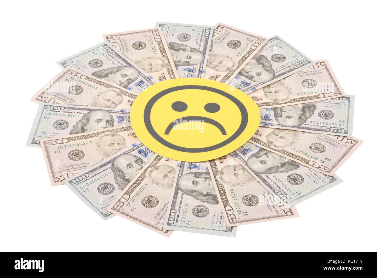 Trauriges lächeln Gesichter auf Mandala Kaleidoskop von Geld. Abstrakte Geld Hintergrund raster Muster wiederholen Mandala Kreis. Stockfoto