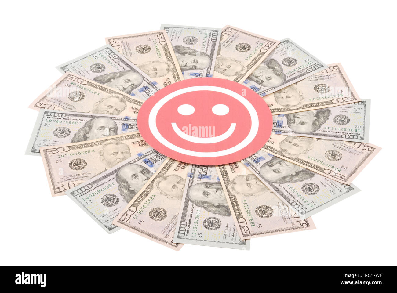 Lächeln Gesichter auf Mandala Kaleidoskop von Geld. Abstrakte Geld Hintergrund raster Muster wiederholen Mandala Kreis. Stockfoto