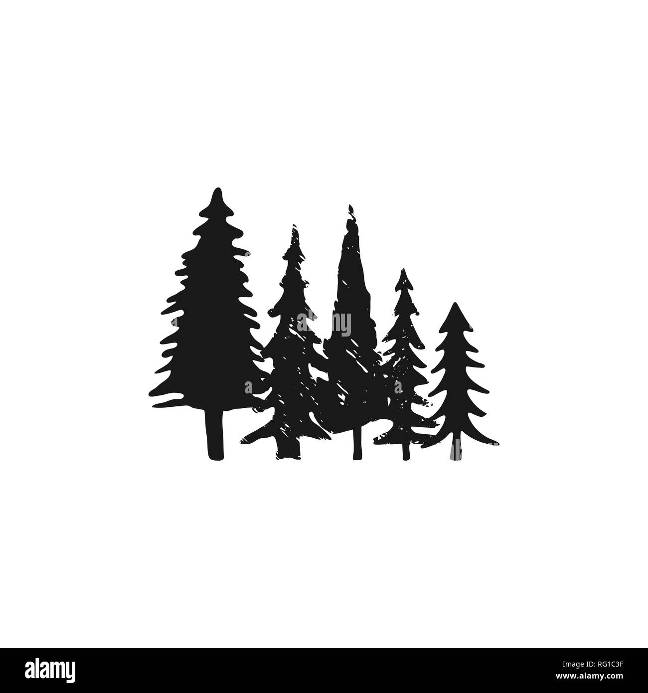 Hand skizziert Bäume in silhouette Schwarzweiß-Stil. Vektor Pine Tree Symbol, Abbildung auf weißem Hintergrund. Stock Vektor