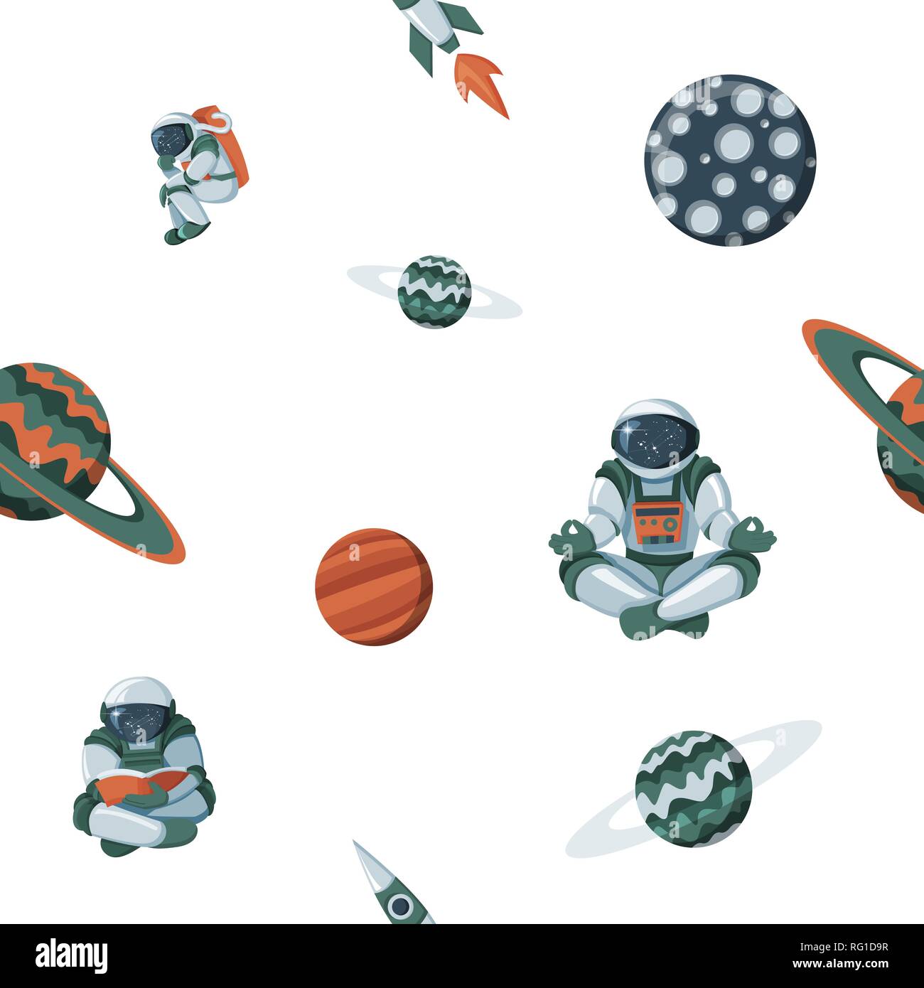 Kid Raum mit Planeten und Raumschiffe. Flache cartoon Kosmos Wissenschaft Muster Stock Vektor