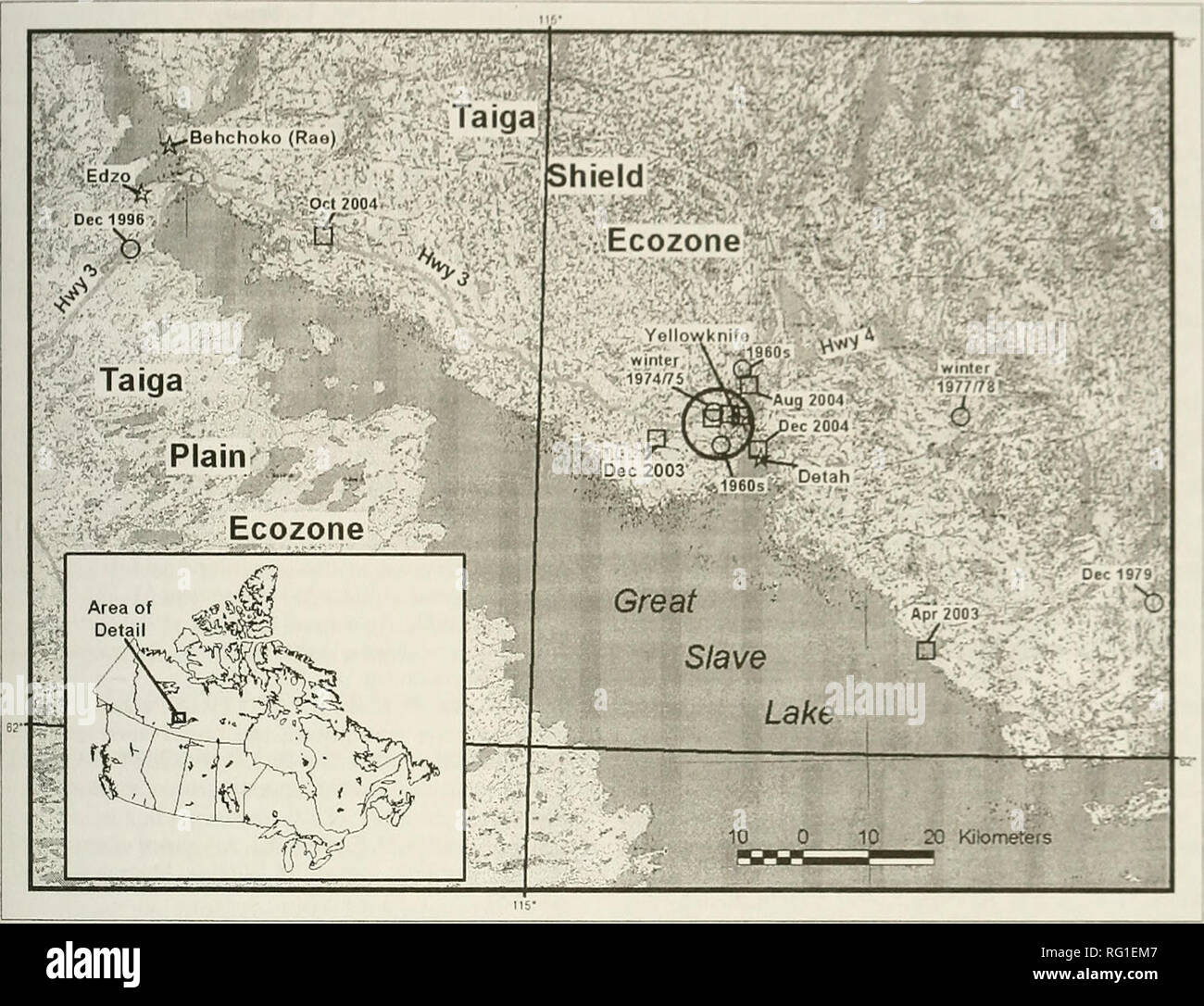 . Die kanadische Feld - naturforscher. Natural History; Baron. 2006 Cluif: CoY (Joh: Bri^ hdinc; Hanoi -: in Nokihwi - stTi -. kkiiorihs 69. Abbildung 1. Taiga Plain und Taiga Schild ecozones angrenzenden Great Slave Lake in den Northwest Territories mit Aufzeichnungen von Kojoten seit den 1960er Jahren in Text dokumentiert. Kreise repräsentieren Standorte vor 2000. Plätzen in den Jahren 2003 und 2004. Essen. Folglich, Coyote Persistenz in der Taiga Schild in den Northwest Territories kann stark zu einem Vorstädtischen Umgebung verknüpft werden, insbesondere dann, wenn eine unzureichende Beute base anderswo vorhanden ist. Wie die Öffentlichkeit und Wildlife Management Stockfoto