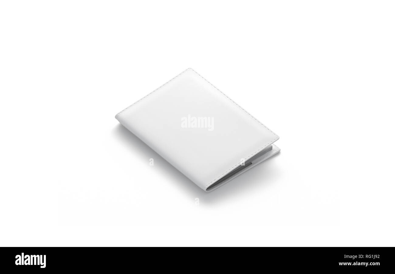 Leere weiße Passdecke mock up, isoliert, 3D-Rendering. Leer für Dokument Mockup, Seitenansicht. Klare internationale pasport Vorlage. Lederjacke für ID-Kontrolle. Stockfoto