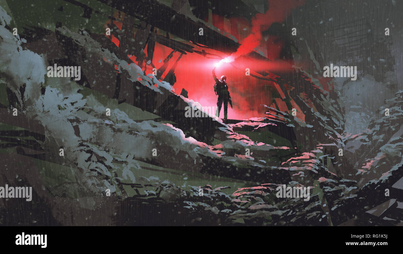 Apokalypse Welt Konzept der Mann hält ein rotes Rauch Flair in der zerstörten Gebäude, digital art Stil, Illustration Malerei Stockfoto