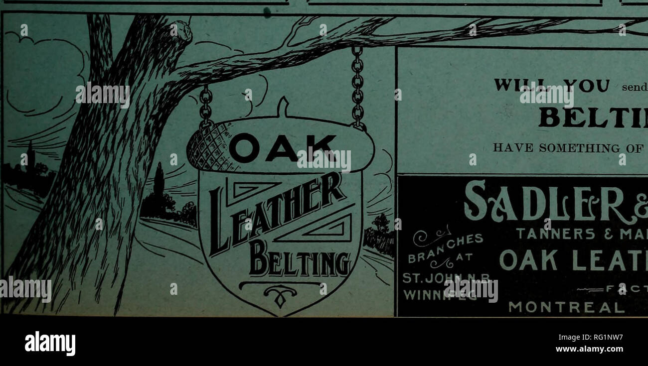 . Kanadische Forstindustrie 1910. Holzschlag; Wälder und Forstwirtschaft; Wald; Wald - zellstoffindustrie; Holz verarbeitenden Industrien. Testen Sie es versuchen Sie es einmal. Und WIRD SIE NIE BENUTZEN ANDERE für nasse oder trockene Arbeit einzige kanadische Agenten: Der kanadische FAIRBANKS COMPANY, LIMITED Fairbanks Skalen - Fairbanks Morse Gasmotoren Montreal, St. John, Toronto, Winnipeg, Calgary, Vancouver. Sie senden uns eine Spezifikation Ihres BELTING Anforderungen. Etwas von Interesse, Ihnen zu erzählen. SADLERAflAWORJH CiHES TANNER 5 t HERSTELLER VON Bb1^^) EICHE LEDER TREIBRIEMEN ST. JOHNN.B. CALCARY WINNIPEG Fabriken=r- Stockfoto