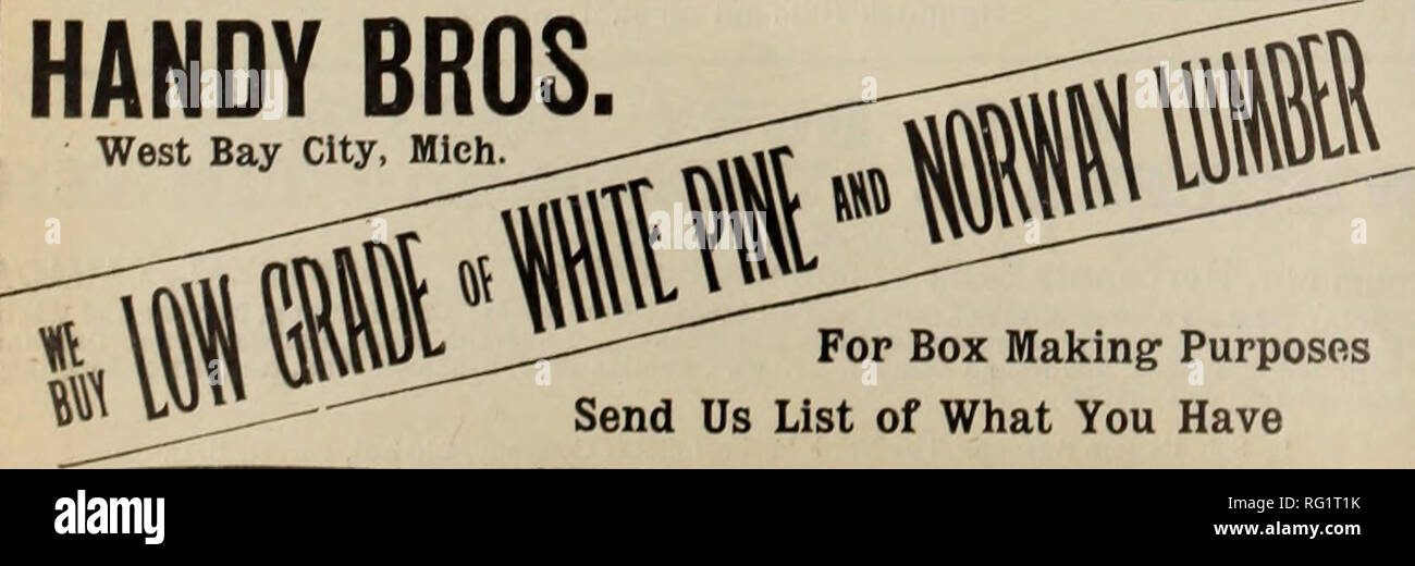 . Kanadische Forstindustrie 1902-1904. Holzschlag; Wälder und Forstwirtschaft; Wald; Wald - zellstoffindustrie; Holz verarbeitenden Industrien. Wir MACHEN EINE SPEZIALITÄT VON MAPLE BODEN-UND-WHITE CEDAR SCHINDELN würden wir uns freuen, Ihre en-quiries Für unsere speziellen zu erhalten, Preise. Die 2 Owen T. Jenks gehen. Ein GROSSHANDEL SCHNITTHOLZ^ fl^B Cleveland, Ohio. Mühlen am Onaway, Mien. Die Robert H. JENKS LUMBER CO. CLEVELAND, Ohio HERSTELLER UND GROSSHÄNDLER OP Kiefer, Pappel, HEMLOCK UND LAUBHÖLZER Yellow Pine Timbers eine Spezialität West. Bitte beachten Sie, dass diese Bilder aus gescannten Seite Bilder, die Uhr können extrahiert werden Stockfoto
