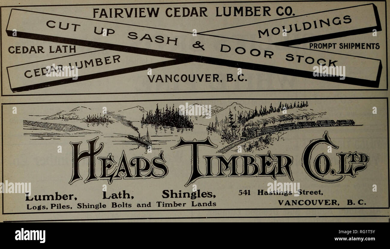 . Kanadische Forstindustrie 1908. Holzschlag; Wälder und Forstwirtschaft; Wald; Wald - zellstoffindustrie; Holz verarbeitenden Industrien. Kanada LUMBERMAN und Schreiner. Export Schnittholz & Amp; Schindel Co. Limited Sitz: 44-46 Flack Gebäude, Vancouver, B.C., Großhandel Lvimber^nd Schindeln Wir freuen uns, dass wir das Bauholz Handel der Prärie Provinzen Ontario, ankündigen zu können, dass wir für 1908 ernannt worden sind (dies ist das vierte Jahr,) als Verkaufsvertreter fcr die Hälfte der KIES AUS- gang von British Columbia. Uns ihre Aufträge für prompte Lieferungen senden. Liefer- Kapazität 1.500.000 Shir^ les Pro Da* Wir sind Stockfoto