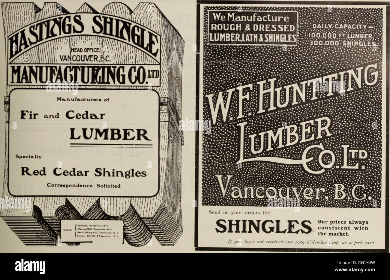 . Kanadische Forstindustrie 1909. Holzschlag; Wälder und Forstwirtschaft; Wald; Wald - zellstoffindustrie; Holz verarbeitenden Industrien. Kanada LUMBERMAN und Schreiner. Ein Wort zum Handel über heiße Luft, 3.000.000 ein Tag Schindel Werbung die volle Kapazität der 200 Schindel Maschinen in British Columbia ist 4.000.000 Schindeln. Durchschnittlich während der Monate ot Betr. auf etwa zehn Prozent oder mehr von diesen Maschinen sind frei; und es ist auch die Wahrheit, dass fast die gesamte Schindel Branche der Provinz ist fest von drei auf vier Monate während jedes Jahr geschlossen; ein Stockfoto