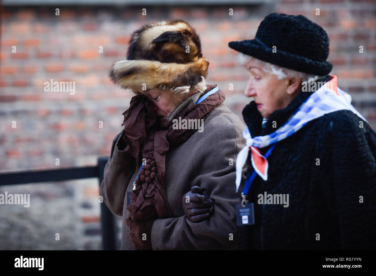 Auschwitz Überlebenden werden gesehen, um die offizielle Zeremonie an der Nazi-deutschen Vernichtungslagers Auschwitz-Birkenau während dem 74. Jahrestag der Befreiung von Auschwitz teilnehmen. Stockfoto