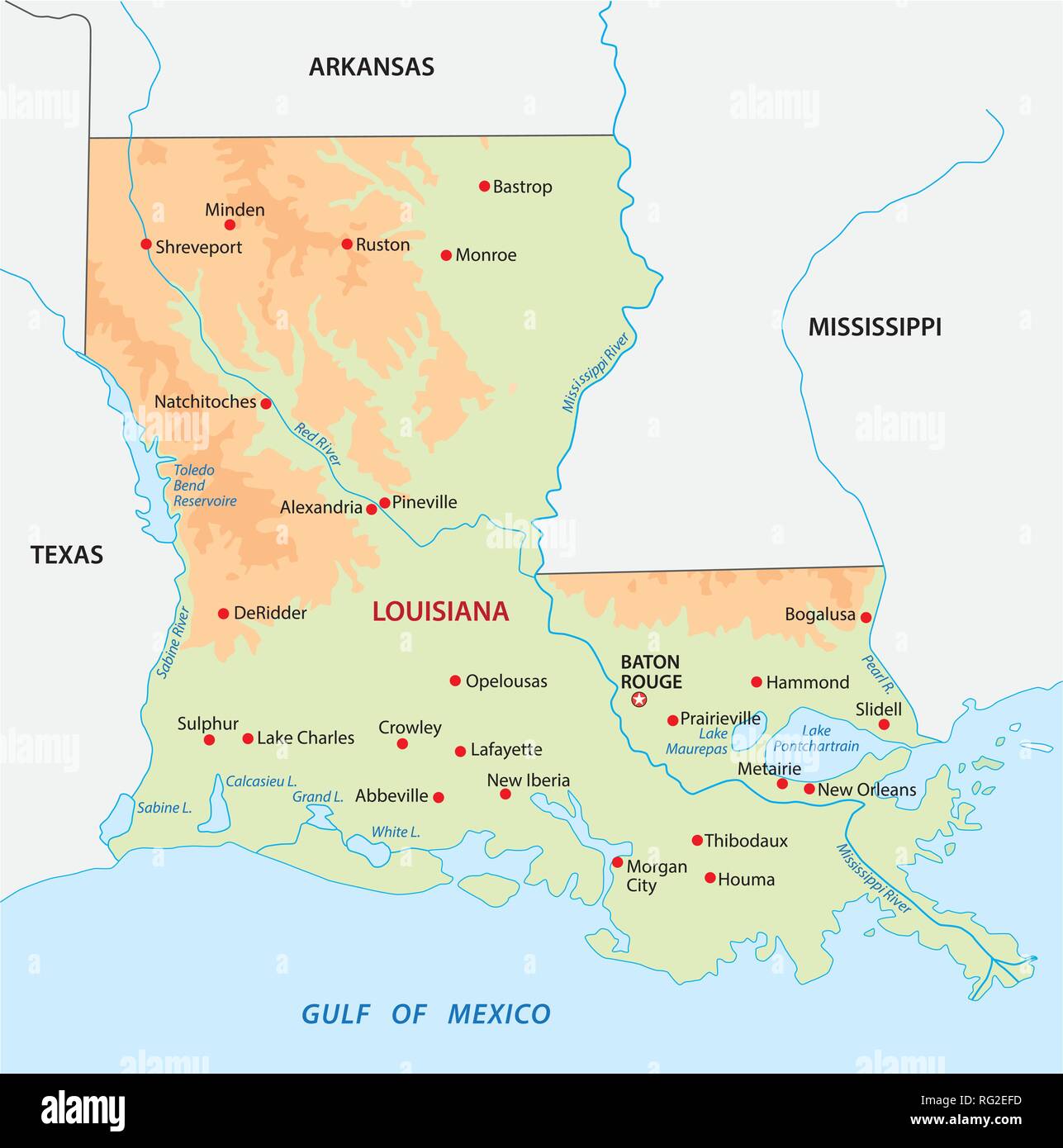 Einfache farbige Louisiana State physikalische Vector map Stock Vektor