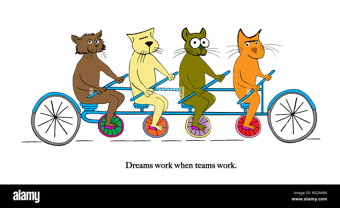 Eine Gruppe von Katzen reiten eine Fahrt - Träume funktionieren, wenn Teams arbeiten. Stockfoto