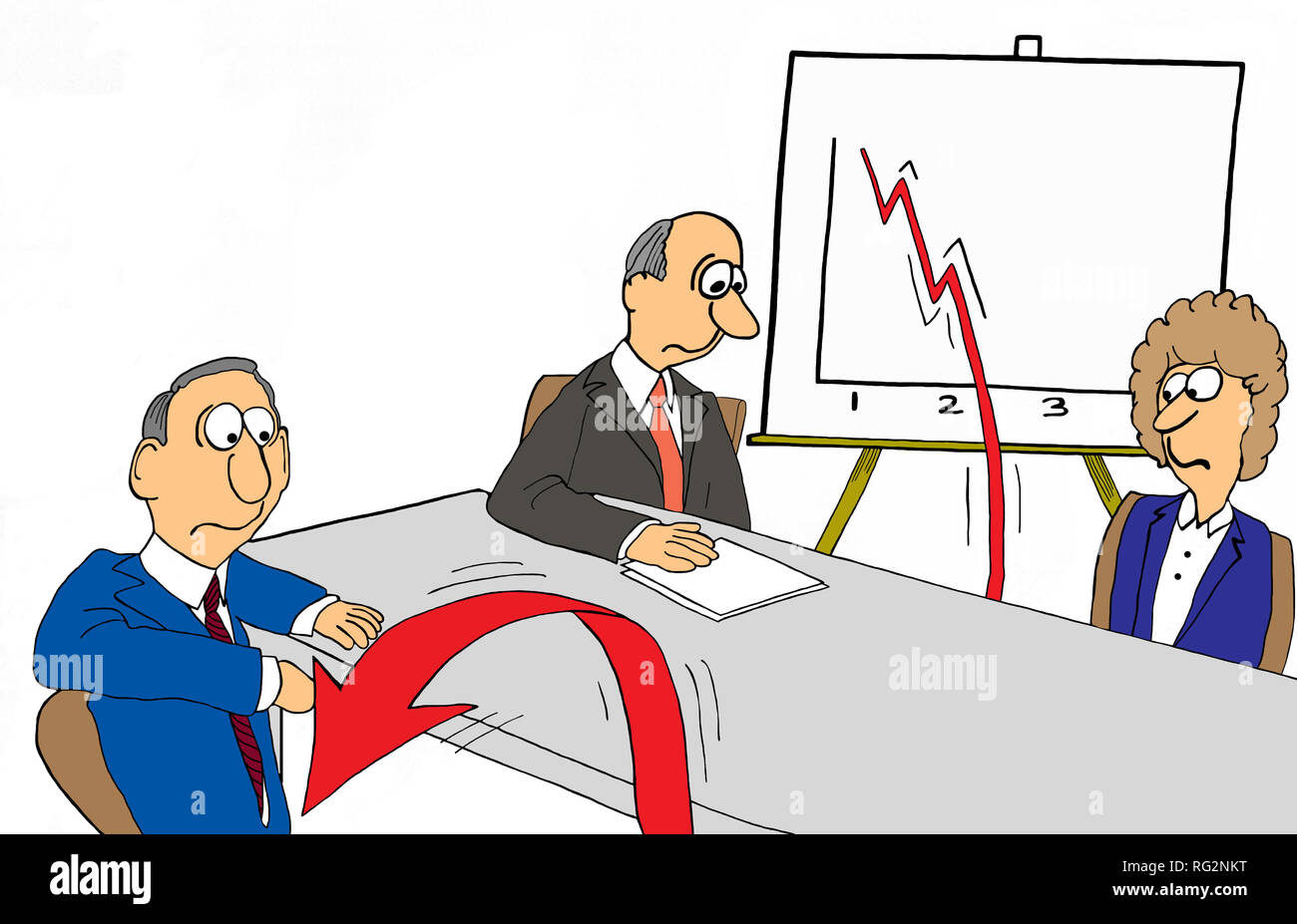 Ein Business Management Team versucht, Kontrolle der Einnahmen freefall Ihres Unternehmens zu erhalten Stockfoto