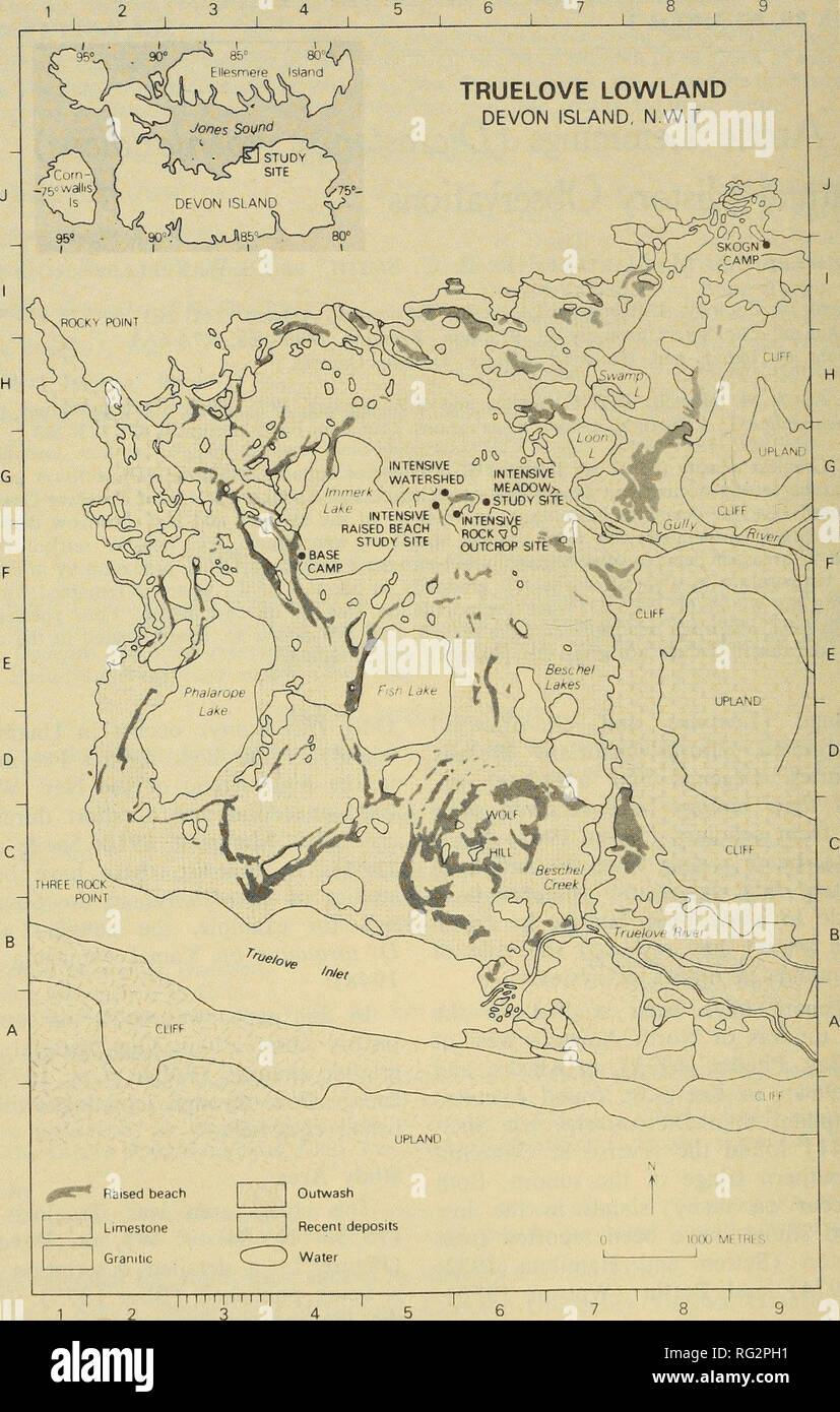 . Die kanadische Feld - naturforscher. 224 Die kanadische Field-Naturalist Vol. 89. 4 5 6 7 Abbildung 1. Karte von Truelove Tiefland.. Bitte beachten Sie, dass diese Bilder sind von der gescannten Seite Bilder, die digital für die Lesbarkeit verbessert haben mögen - Färbung und Aussehen dieser Abbildungen können nicht perfekt dem Original ähneln. extrahiert. Ottawa Field-Naturalists' Club. Ottawa, Ottawa Field-Naturalists' Club Stockfoto