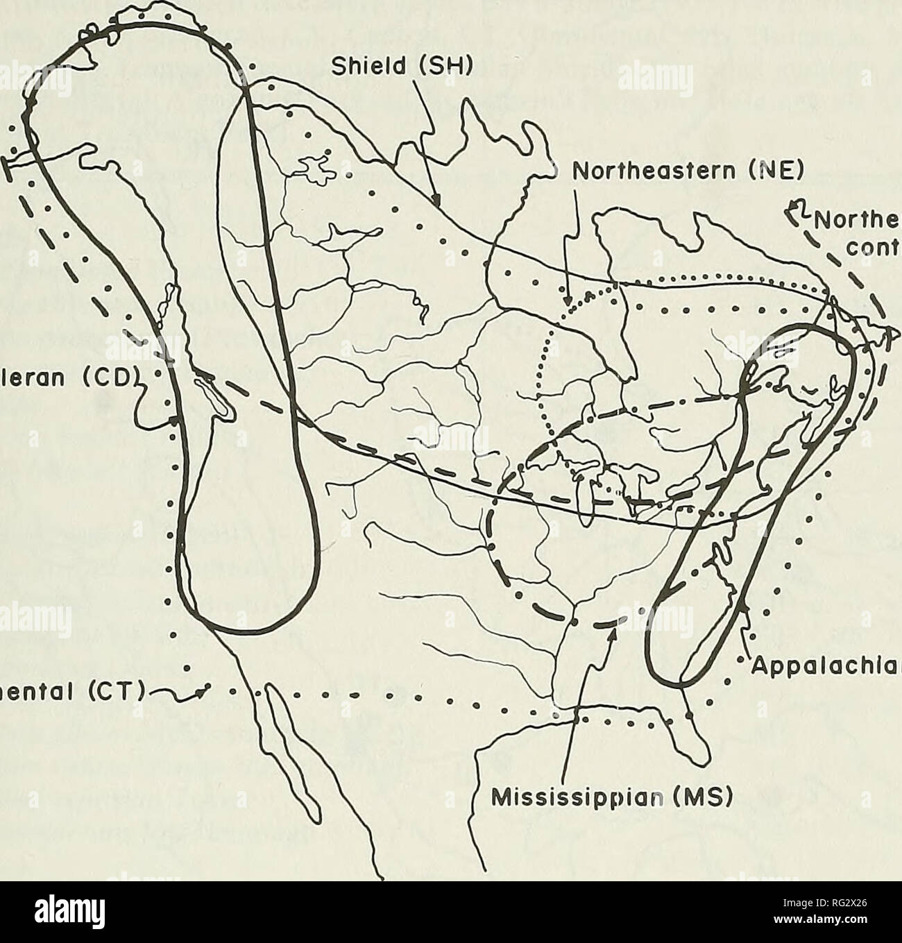 . Die kanadische Feld - naturforscher. 1989 HARPER: ZOOGEOGRAPHISCHEN BEZIEHUNGEN DER AQUATISCHEN INSEKTEN 537 Schild (SH) Nordosten (NE) V - Nord trans-^ "Continental (NT) X. Kordilleren (CD. Continental (CT) Appalachian (AP) Abbildung 2. Verteilung der in dieser Studie benutzt (mit Abkürzungen) übereinander auf einer Karte von Nordamerika. Ephemeroptera 50 Arten wurden gesammelt, von denen 48 benannt werden kann (Tabelle 1). Nur einer endemischen Element, Caenis Candida (Art 44), entdeckt wurde (Harper und Harper 1981). Drei der Arten sind Holarctic (2, 6, 35), einem nördlichen transkontinentale ist (1), Stockfoto