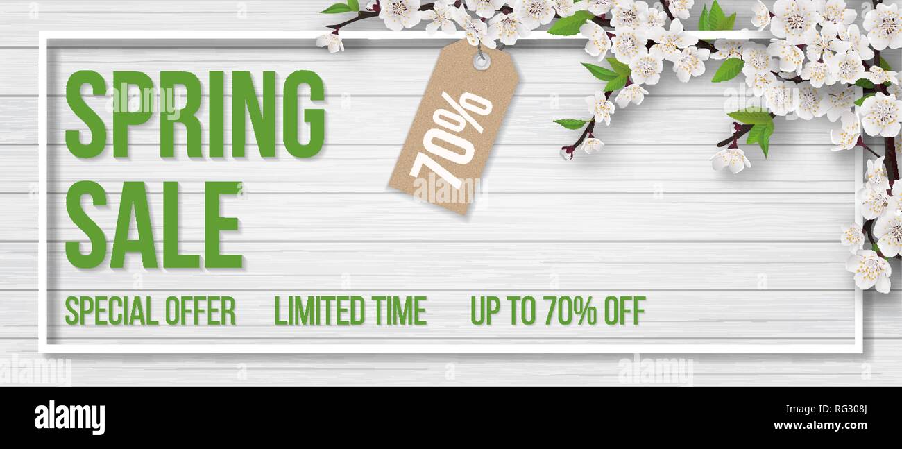 Frühling Verkauf. Blooming Tree Branch, Rahmen und typografischen auf weißem Holz- Hintergrund. Hintergrund für Ausschreibung, Angebot oder Flyer. Realistisch. Stock Vektor