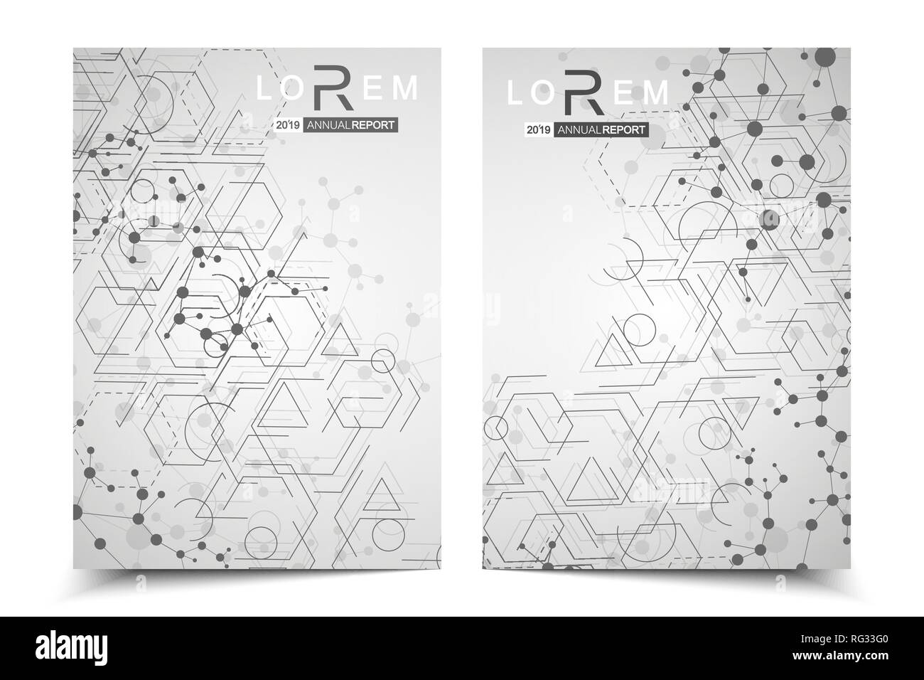 Wissenschaftliche Broschüre Design-Vorlage. Vektor-Flyer-Layout, molekulare Struktur mit verbundener Linien und Punkten. Wissenschaftliche Muster Atom DNA mit Elementen Stock Vektor