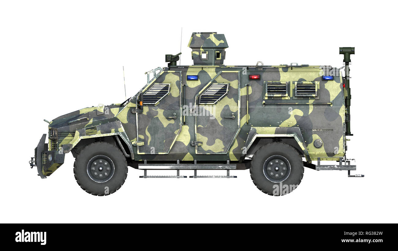 Gepanzerten SUV Lkw, bulletproof Armee Fahrzeug, camo Militärfahrzeug auf weißem Hintergrund, Seitenansicht, 3D-Rendering Stockfoto