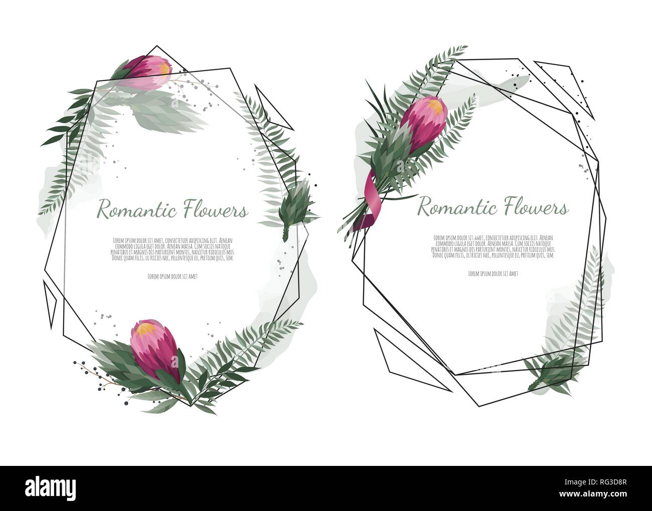 Vektor floral botanische Karte Design mit Blättern mit geometrischen Rahmen. Protea Flower Bouquet. Stock Vektor